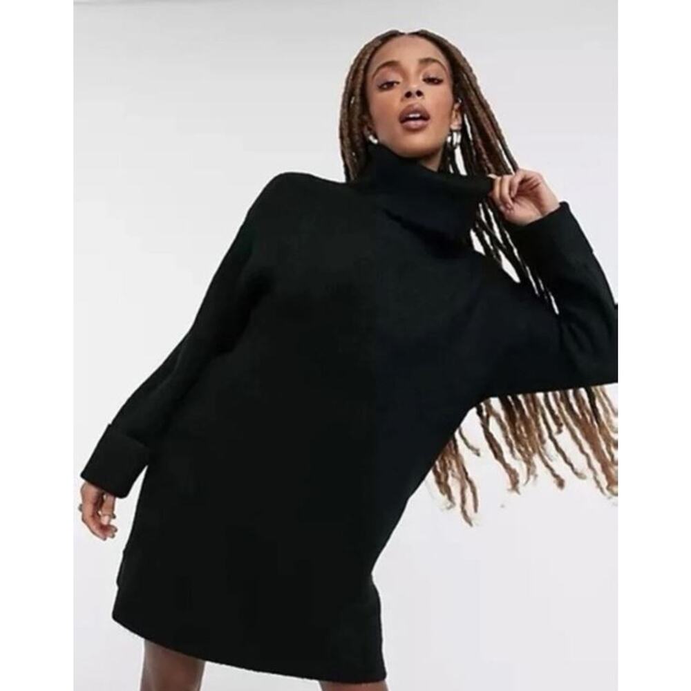 Topshop Womens Funnel Neck Rib Knit Long Sleeve Sweater Dress Black M(8-10) $75
